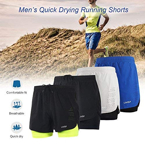 Lixada Mens 2-in-1 Running Shorts Quick Drying Breathable Active Training Exercise Jogging Cycling Shorts with Longer Liner (Black, L)