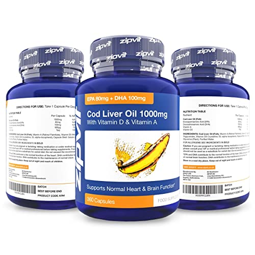 Cod Liver Oil 1000mg, 360 Capsules of High Strength Fish Oil, Rich in Omega 3. Supports Heart Health, Brain Health, Eye Health and Normal Blood Pressure - Gym Store