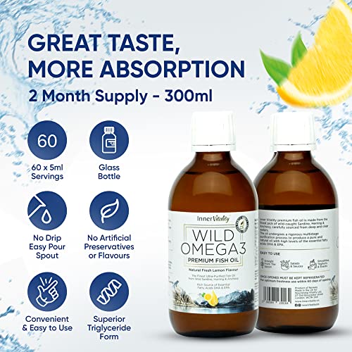 Omega 3 Fish Oil Liquid - Natural Fresh Lemon Flavour with NO Fishy Taste, High Strength DHA/EPA - Made from Wild Caught Nordic Fish Oil | 3rd Party Tested for Purity - Inner Vitality