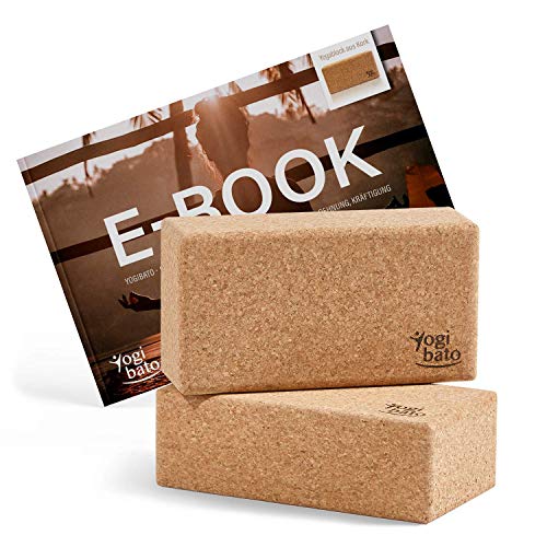 Yogibato Yoga Block Cork made in Portugal & E-Book with Exercises | Yoga Brick 2 pcs | Natural Cork Brick for Pilates, Fitness and Exercise - Yoga Block 100% Natural Cork