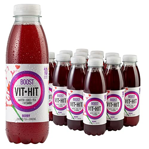 VIT HIT Boost - 12 x Berry + Ginseng + Rooibos Tea | Vegan, Low Sugar, Low Calories, Vitamin Drink | 100% RDA of 8 Vitamins (500ml x 12 Bottles)