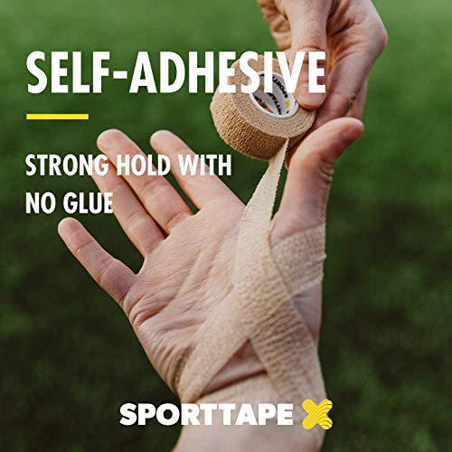 6 Rolls SPORTTAPE Cohesive Compression Bandage - 2.5cm x 4.5m - Beige - Self-Adhesive, Vet Tape, Thumb Tape, Coban Cohesive Wrap, Goalkeeper Finger Tape