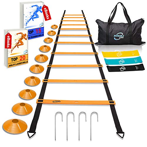 Invincible Fitness Agility Ladder Training Equipment Set, Improves Coordination, Speed, Power and Strength, Includes 10 Cones, 4 Hooks and 3 Loop Resistance Bands for Outdoor Workout (Orange)