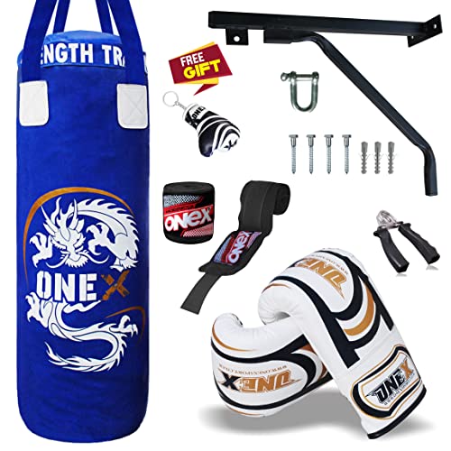 ONEX 3ft Punch Bag Set Heavy Filled Boxing Training Punching Gloves Fighting Hanging 13pcs Bracket Chains set (Blue) - Gym Store | Gym Equipment | Home Gym Equipment | Gym Clothing