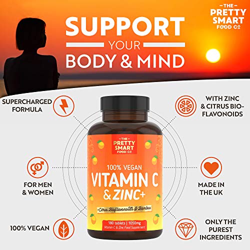 Powerful Vitamin C and Zinc Tablets - Vitamin C 1000mg with Zinc - 6 Month's Supply - Boosted with Citrus Bioflavonoids & Bamboo - For The Maintenance of a Normal Immune System - 180 Tablets - UK Made