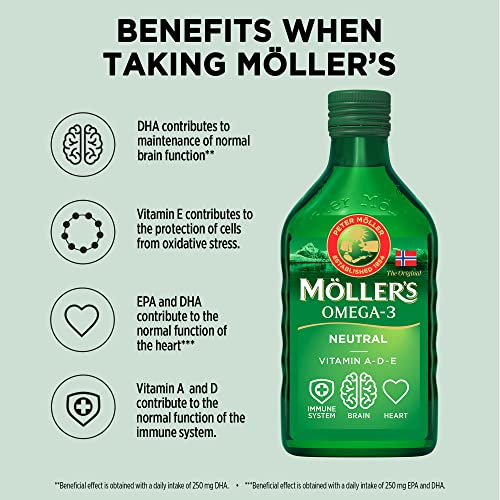 Moller’s ® | Omega 3 Cod Liver Oil | Omega-3 Dietary Supplements with EPA, DHA, Vitamin A, D and E | Superior Taste Award | Pure & Natural cod Liver Oil | 166 Year Old Brand | Neutral | 250 ml