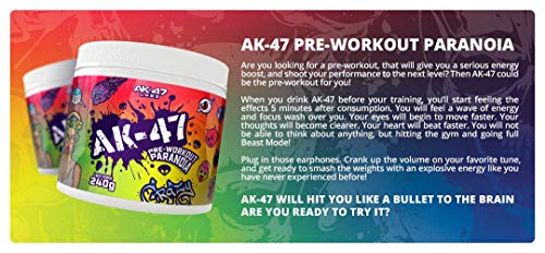 AK-47 Labs Paranoia Pre - Workout Energy Drink Powder with Beta Alanine, Caffeine, Niacin, Taurine, Vitamin C and Vitamin B Complex 240g / 30 Servings | Red Berry