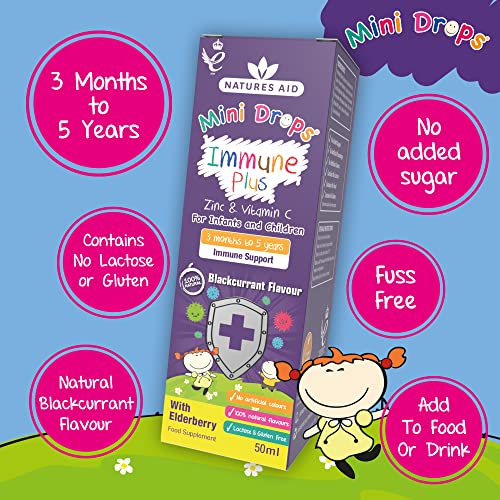 Natures Aid Immune Plus Mini Drops for Infants and Children, No Added Sugar, 50 ml (Pack of 1)