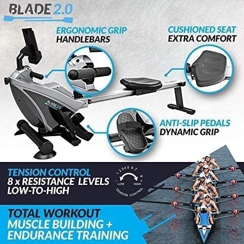Bluefin Fitness BLADE Home Gym Foldable Rowing Machine | Magnetic Resistance Rower | 8 x Tension Levels | Smooth Belt Drive | LCD Digital Fitness Console | Smartphone App | Black & Grey Silver
