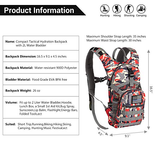 SHARKMOUTH Tactical MOLLE Hydration Pack Backpack 900D with 2L Leak-Proof Water Bladder, Keep Liquids Cool for Up to 4 Hours, Outdoor Daypack for Cycling, Hiking, Running, Climbing, Hunting, CPRed