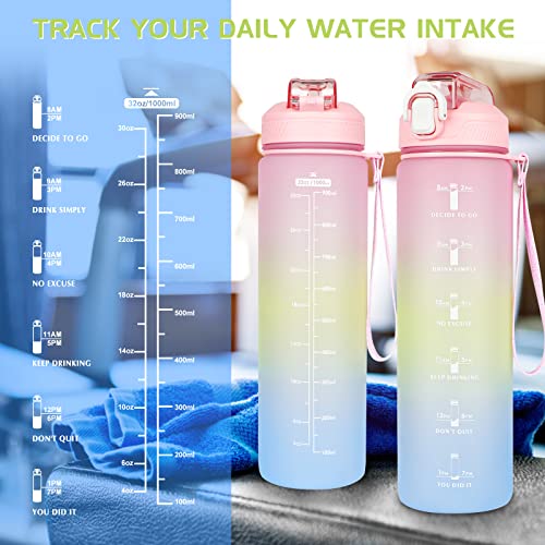 CodiCile Motivational water bottle,1L Sports Water Bottle with Straw and Time Markings,Leakproof Time Water Bottle with BPA Free Lid for Sports Gym Office Camping Running(1000ml, Gradient Pink)…