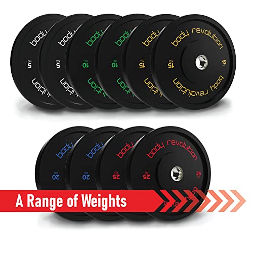 Body Revolution Olympic Bumper Plates - Rubber Coated Barbell Weight Plates - Strength Training Weight Lifting Equipment - Range from 5kg - 25kg