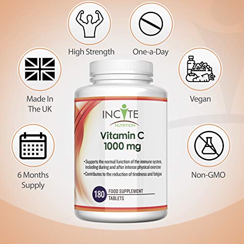 Vitamin C 1000mg | 180 Premium Tablets (6 Month’s Supply) | High Dose Quality Ascorbic Acid | Suitable for Vegetarian & Vegans| Made in The UK by Incite Nutrition®