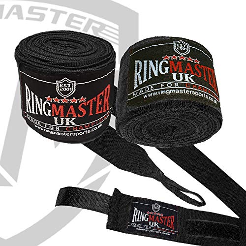 Ringmaster Boxing Hand Wraps Knuckle Protection Thumb Loop MMA Kickboxing Muay Thai Martial Arts Inner gloves mitts Gym Fitness (Black, 5.0)