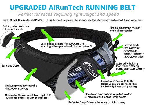 AiRunTech Upgraded No Bounce Hydration Belt Can be Cut to Size Design Strap for Any Hips for Men Women Running Belt with Water Bottle Holder with Large Pocket Fits Most Smartphones (Black)
