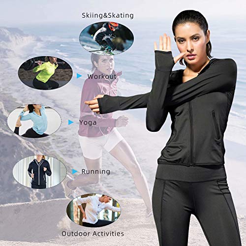 Sillictor Running Jackets Women Breathable Zip Up Ladies Hoodies with Zip Pockets Warm Long Sleeve Gym Tops for Women Yoga Workout Walking Casual Sports Jacket High Wicking Quick Dry 8003 Black L