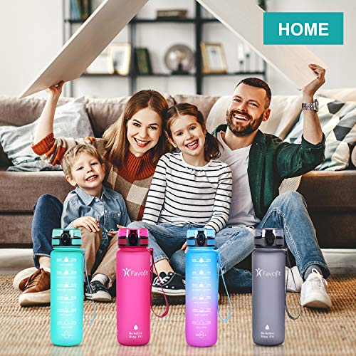 Favofit 1 Litre / 32 oz Sports Water Bottle with Motivational Time Marker, Fruit Infuser Filter and Cleaning Brush, Leakproof, BPA-free Tritan Plastic, 1 Click Open with Lock (Mint)