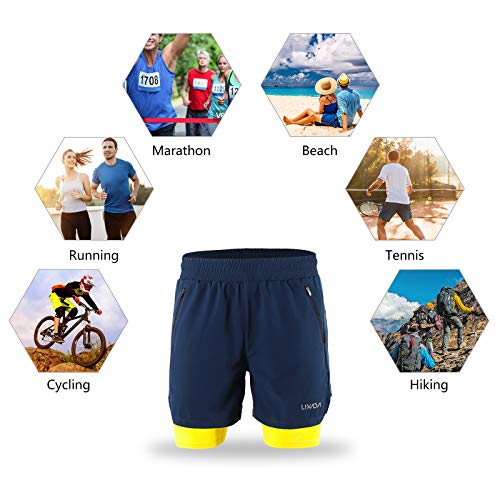 2 in 1 shorts men Quick Drying Breathable Active Training Exercise Jogging Marathon Cycling Work-Out Shorts with Zipper Side Pockets Longer Liner & Reflective Elements