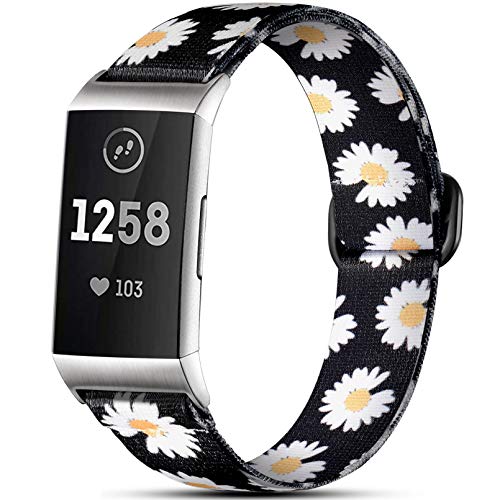 Dirrelo Stretchy Strap Compatible with Fitbit Charge 3 Strap/Fitbit Charge 4 Strap, Soft Adjustable Elastic Replacement with Stylish Pattern, Nylon Woven Sport Wristband for Women Men, Daisy
