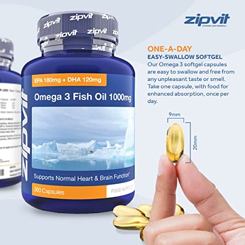 Omega 3 Fish Oil 1000mg, 360 Softgel Capsules. 12 Months Supply. EPA 180mg DHA 120mg. Supports Heart, Brain Function and Eye Health.