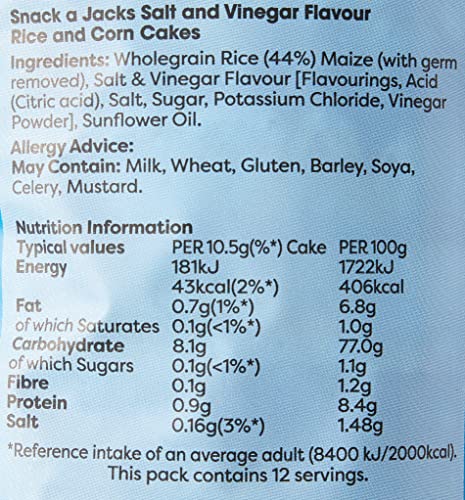 Snack a Jacks Salt and Vinegar Sharing Rice Cakes, Light & Crunchy, 41 Calories per Rice Cake, Vegetarian, 126 g (Case of 8 Packs)