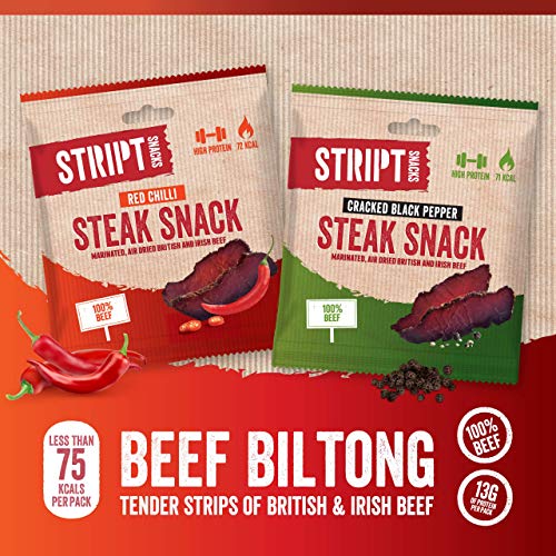 Stript Snacks Beef Biltong - Red Chilli - 10x25g - Beef Jerky, High Protein, Healthy Snack, Low in kcals.