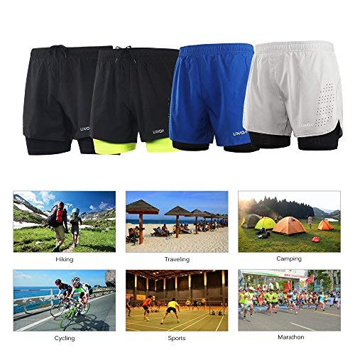 Lixada Mens 2-in-1 Running Shorts Quick Drying Breathable Active Training Exercise Jogging Cycling Shorts with Longer Liner (Black, L)