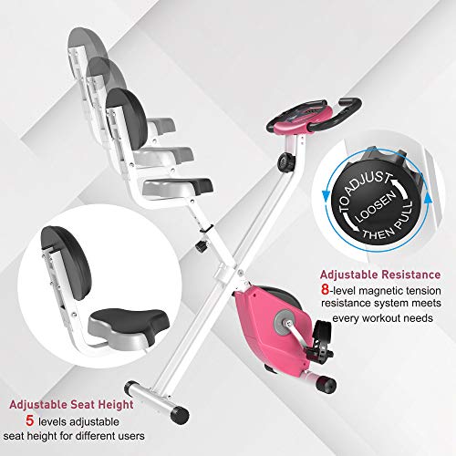 HOMCOM Magnetic Resistance Exercise Bike Foldable w/LCD Monitor Adjustable Seat Heart Rate Monitors Food Straps Foot Pads Home Office Fitness Training Workout - Pink