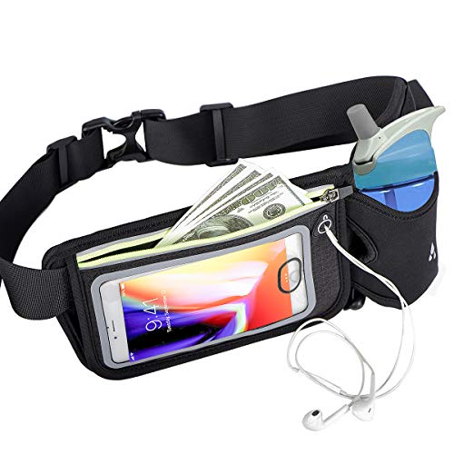 Accering Running Belt Waist Bag Fanny Pack for Men & Women with Water Bottle Holder, Hold iPhone 8 Plus Screen Size 6.5 Inch Workout Belt Sport Waist Pack for Hiking Cycling Gym (Black)