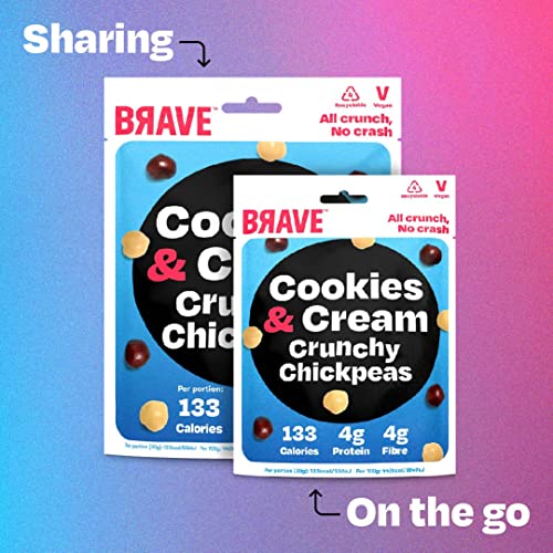 BRAVE Roasted Chickpeas: Cookies & Cream - Delicious Healthy Snacks - Vegan, Dairy-Free - Source of Plant Protein & Fibre - Lower Sugar - Plant-Based - Box of 12 Packs (30g Each)