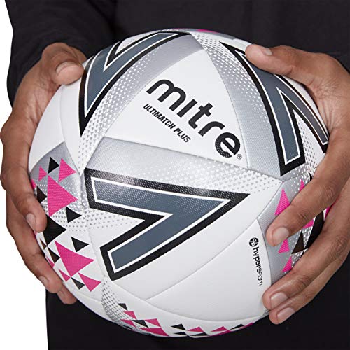 Mitre Unisex Ultimatch Plus Max Match Football, White/Silver/Pink, Size 5
