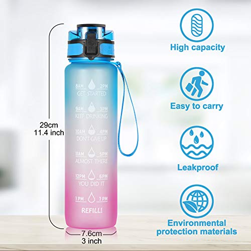Sport Water Bottle, 1L Large Capacity Leakproof Water Bottle Eco-friendly Portable Sports Bottles Drink Bottles with Time Marker for School Outdoor Camping Gym Sports Fitness - Blue/Purple Gradient