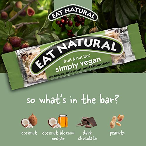 Eat Natural Simply Vegan Peanuts, Coconut & Chocolate — 12 x 45g Snack Bars 45g, Gluten Free Snacks — Dark Chocolate, Peanuts, Toasted Coconut & Blossom Nectar — High Fibre Cereal Bars — Vegan