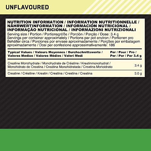 Optimum Nutrition Micronised Creatine Powder, Creatine Monohydrate Powder for Performance, Unflavoured, 186 Servings, 634 g, Packaging May Vary