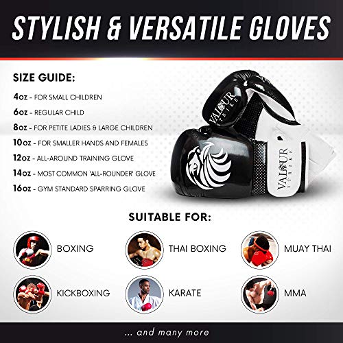Valour Strike Boxing Gloves for Men Women Ladies Juniors & Kids  Set Ounce  16oz 14oz 12oz 10oz 8oz 6oz or 4oz For Pro Sparring Kickboxing MMA Muay  Thai or Boxercise Training