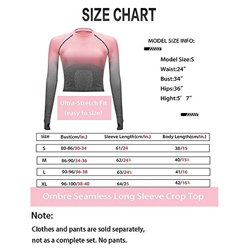 Leoyee Seamless Gradient Gym Tights Sports Shirts Yoga Tops for Women Running Workout Long Sleeve T-Shirt Tops