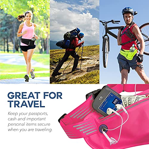 Athle Running Fanny Pack with Water Bottle Holder - Adjustable Run Belt Storage Pouch with Zipper Pocket For Sports and Travel – 360° Reflective Band – Fits iPhone Plus, Galaxy Note – Hot Pink