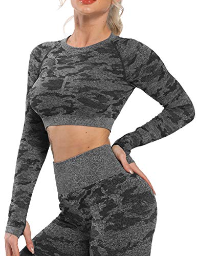 STARBILD Women Fashion Camouflage Push Up Long Sleeve Crop Tops Back Hollow Out Sport Bra Tops Workout Running Tee, 3-camouflage Black, S