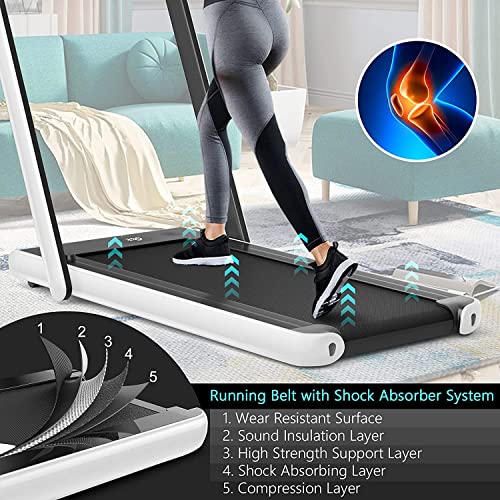 COSTWAY 2 in 1 Under Desk Treadmill, 2.25HP Folding Walking Running Machine with Dual LED Displays, Bluetooth Speaker & Remote Control, Electric Motorized Treadmills for Home Office (White)