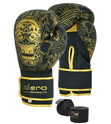 Islero Fitness Matte Black Boxing Gloves Men Punch Bag Women MMA Muay Thai Martial Arts Kick Boxing Sparring Training Fighting Gloves With Hand Wraps (Black, 12 OZ)