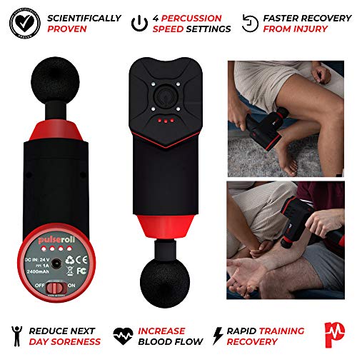 Pulseroll Pro Athlete Grade Percussion Handheld Deep Tissue Muscle Full Size Massage Massger Gun 4 Speeds with 4 Heads & Carry Case Set, Black - Gym Store