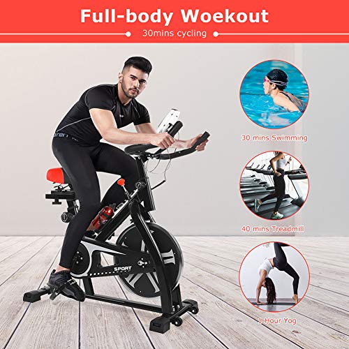 Adjustable Aerobic Dynamic Bicycle, Heavy Duty Sturdy Safe Exercise Stationary Cycling Bike, Spinning Fly Wheel Workout Bike with LCD Display, Speed Meter, Body Fat Analysis etc for Home Gym Use