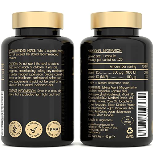 Vitamin D3 K2 Capsules - High Strength Vitamin D Tablets - 4000 IU Vitamin D & 100mcg Vitamin K MK7 - 120 Capsules - UK Made & Vegetarian - VIT D3 K2 Supplement for Strong Bones, Teeth, Immune System