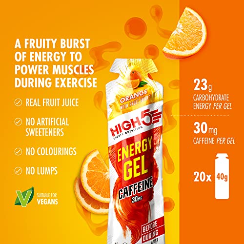 HIGH5 Energy Gel Caffeine Quick Release Energy On The Go From Natural Fruit Juice (Orange Caffeine, 20 x 40g)