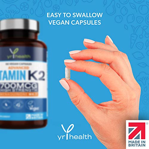 Vitamin K2 MK7 700mcg - High Strength Vitamin K2 Menaquinone - 90 Vegan Society Registered Capsules Not Tablets - Made in The UK by YrHealth