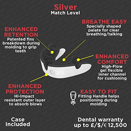 Opro Silver Mouth Guard | Gum Shield for Rugby, Hockey, Wrestling, and Other Combat and Contact Sports - 18 Month Dental Warranty (Adult, White)