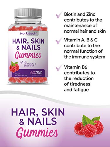 Hair, Skin & Nails Vegan Gummies | Natural Raspberry Flavour | 5000mcg Biotin, Vitamins A, B12, B6, C, D, E, Zinc | 60 Gluten Free Gummy Bears