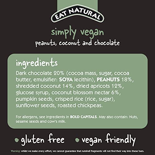 Eat Natural Simply Vegan Peanuts, Coconut & Chocolate — 12 x 45g Snack Bars 45g, Gluten Free Snacks — Dark Chocolate, Peanuts, Toasted Coconut & Blossom Nectar — High Fibre Cereal Bars — Vegan
