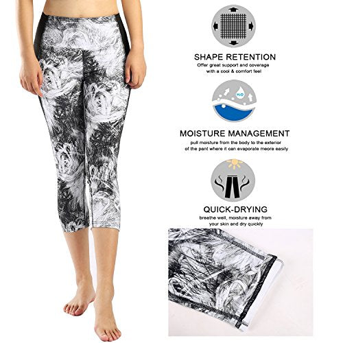 Sugar Pocket Womens Yoga Capris Running Printed Pants Workout Legging Tummy Control with Side Pocket L