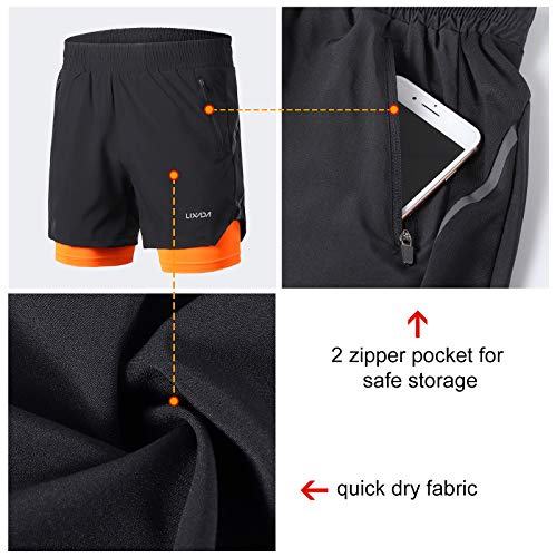 2 in 1 shorts men Quick Drying Breathable Active Training Exercise Jogging Marathon Cycling Work-Out Shorts with Zipper Side Pockets Longer Liner & Reflective Elements